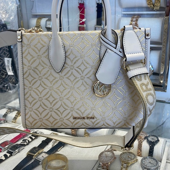 Michael Kors Mirella Small Metallic Logo Jacquard Crossbody Bag
Light Cream 
NWT - Picture 3 of 16
